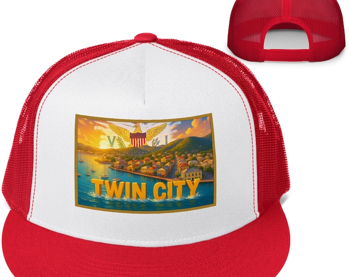 Twin City *Trucker* Hat – St. Croix USVI Cap with Colorful Island Harbor Art