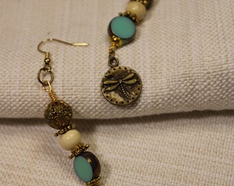 Handmade Golden Teal Dragonfly Earrings