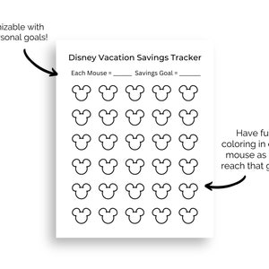 May include: A printable Disney Vacation Savings Tracker with a grid of 25 Mickey Mouse heads to color in as you reach your savings goals. The text reads "Disney Vacation Savings Tracker", "Each Mouse =", "Savings Goal =", and "Have fun coloring in each mouse as you reach that goal!"