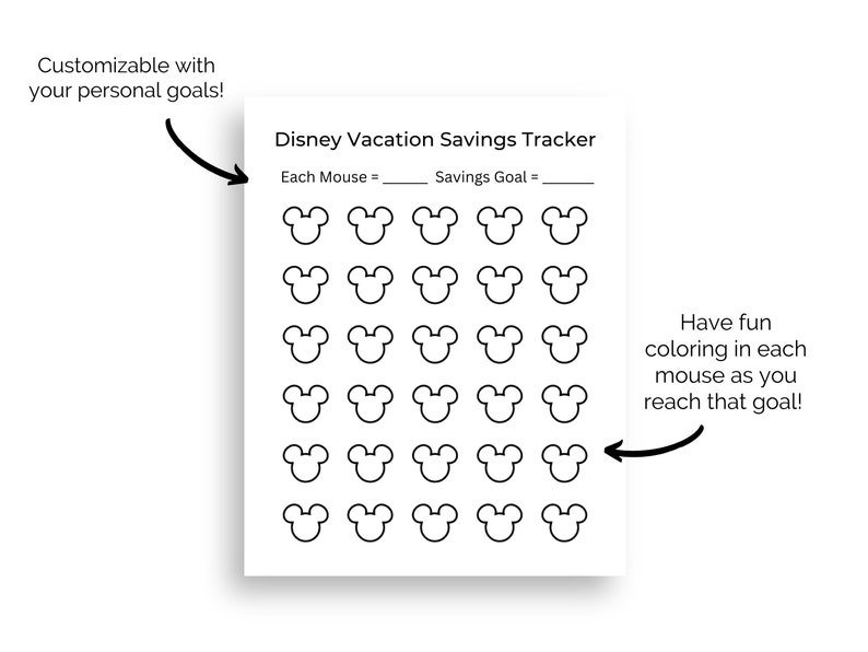 May include: A printable Disney Vacation Savings Tracker with a grid of 25 Mickey Mouse heads to color in as you reach your savings goals. The text reads "Disney Vacation Savings Tracker", "Each Mouse =", "Savings Goal =", and "Have fun coloring in each mouse as you reach that goal!"