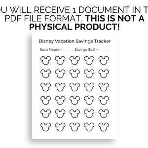 May include: Black and white printable Disney Vacation Savings Tracker. The tracker features a grid of 30 Mickey Mouse heads. The text "Each Mouse =" and "Savings Goal =" is at the top of the tracker.