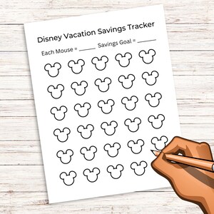 May include: A printable Disney vacation savings tracker with a grid of 30 Mickey Mouse heads. The tracker has lines for writing in a savings goal and the amount each Mickey Mouse head represents.