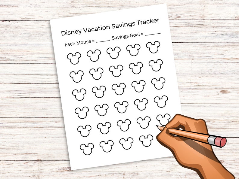 May include: A printable Disney vacation savings tracker with a grid of 30 Mickey Mouse heads. The tracker has lines for writing in a savings goal and the amount each Mickey Mouse head represents.