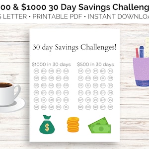 500 1000 Dollar 30 Day Savings Challenge Printables, Printable Tracker, Goal Tracker, Savings Tracker, Vacation Tracker, Money Challenge