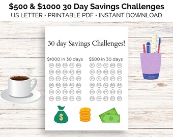 500 1000 Dollar 30 Day Savings Challenge Printables, Printable Tracker, Goal Tracker, Savings Tracker, Vacation Tracker, Money Challenge