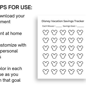 May include: A printable Disney Vacation Savings Tracker with a grid of 25 Mickey Mouse head outlines. The tracker includes spaces to write in the savings goal and the amount each mouse represents.