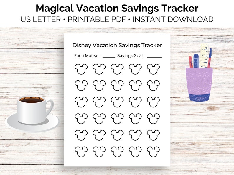 May include: Printable Disney Vacation Savings Tracker with a grid of 30 Mickey Mouse head outlines. The tracker has lines for writing in "Each Mouse =" and "Savings Goal =" at the top.