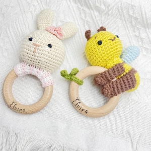 Personalized Animal Crochet Baby Rattle | Custom Engraved Wooden Rattle with Name | Handmade Baby Shower Gift | Newborn Keepsake Toy