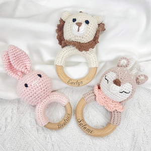 Personalized Animal Crochet Baby Rattle | Custom Engraved Wooden Rattle with Name | Handmade Baby Shower Gift | Newborn Keepsake Toy