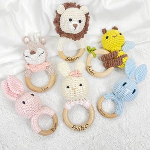 Personalized Animal Crochet Baby Rattle | Custom Engraved Wooden Rattle with Name | Handmade Baby Shower Gift | Newborn Keepsake Toy