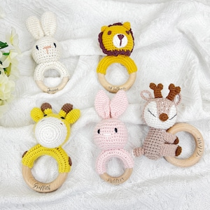 Personalized Animal Crochet Baby Rattle | Custom Engraved Wooden Rattle with Name | Handmade Baby Shower Gift | Newborn Keepsake Toy