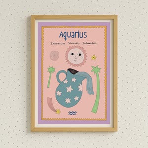 Aquarius Art Print Feminine Wall Art Pink Decor Boho Sun Star Sign Zodiac Gift Divine Girl Pastel Artwork Maximalist Home Eclectic Poster