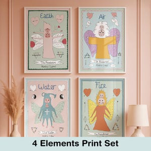 4 Elemente Kunstdruck Bundle - Luft, Erde, Feuer, Wasser, Symbolische Wandkunst, Elementare Mantras, spirituelle Statement Poster, Boho Wohndeko