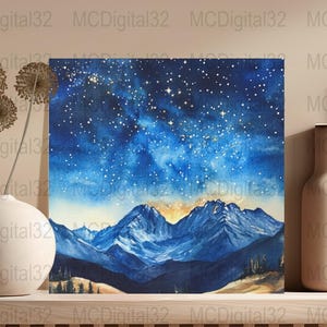 Starry Night Mountain Landscape, Starry Sky Wall Art, Galaxy Art Print, Night Sky Mountains Artwork, Blue Starry Sky Print