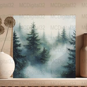 Misty Forest, Wall Art Print, Nature Landscape, Digital Download, Foggy Woodland, Evergreen Trees Art, Pine Forest Decor