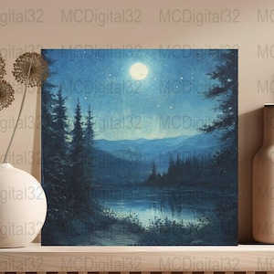 Moonlit Forest, Lake Night Scene, Digital Download, Mystical Night Sky, Wall Art, Moonlight Landscape, Printable Art, Home Decor