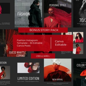 Fashion Instagram Templates – 30 Canva Posts + Bonus Story Pack | Black & Red Aesthetic
