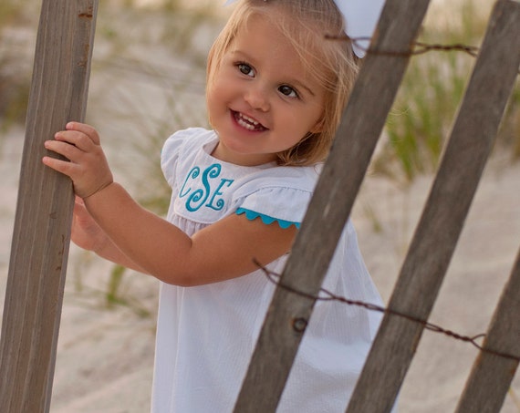 Girls Monogrammed Seersucker Dress with Angel Sleeve, Choose Rick Rack Trim color, Perfect for Beach Photos, Matching Boy outfit available