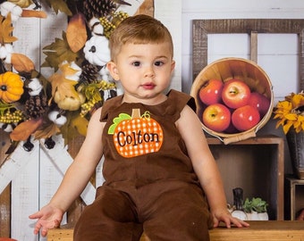 Boys Chocolate Brown Longall, Gingham or Chevron fabric for Pumpkin, Boys Monogrammed long all, Boys Fall outfit