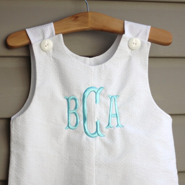 Boys Monogrammed Jon Jon, White Seersucker Jon Jon with Monogram, Jon Jon, Monogrammed Romper, Boys Shortall