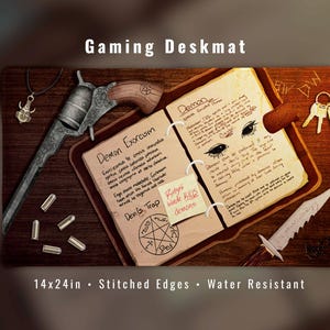 May include: Gaming deskmat featuring a vintage-style design with a revolver, a spell book, keys, and a dagger. The deskmat is 14x24 inches and has stitched edges and is water resistant.