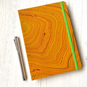 A5 journal, lined, blank, dotted, music staves, comics, Coptic binding, marbled paper
