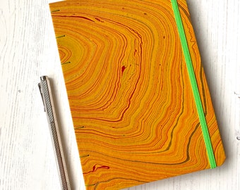 A5 journal, lined, blank, dotted, music staves, comics, Coptic binding, marbled paper