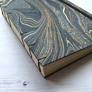 A5 thick journal, lined, blank, dotted, music staves Coptic binding, marbled paper