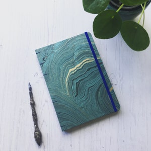 A5 slim journal, lined, dotted, blank, music staves, marbled paper, Coptic binding