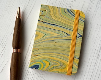 A7 slim mini journal, lined, bullet, blank, marbled paper, Coptic binding