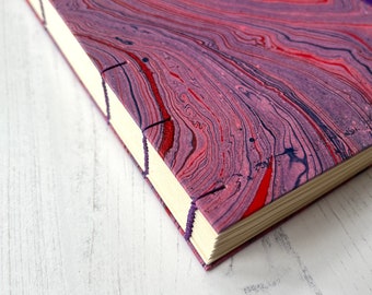A5 thick journal, lined, blank, dotted, music staves Coptic binding, marbled paper