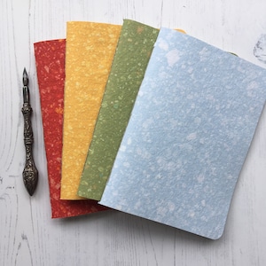 A5 handmade paper soft cover notebook, recycled cream pages with dots, lines, staves