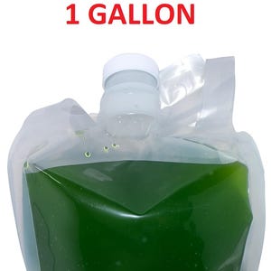May include: A clear plastic bag filled with a vibrant green liquid. The bag has a white cap and a handle. The text "1 GALLON" is printed in red at the top.