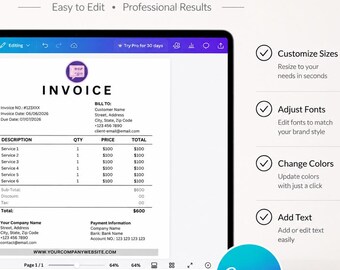 Op de afbeelding: Een laptop toont een digitale factuursjabloon met de tekst "Editable in CANVA". De factuur bevat velden voor beschrijving, hoeveelheid, prijs en totaal. Het Canva-logo is zichtbaar, samen met opties om formaten aan te passen, lettertypen aan te passen, kleuren te wijzigen en tekst toe te voegen.