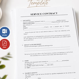 May include: An editable service contract template document featuring black text on white paper. The document includes sections for parties, service to be performed, term, and payment amount. Blue Word and red PDF icons are visible on the left.