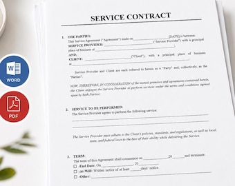 Op de afbeelding: Een bewerkbaar sjabloon voor een servicecontract met zwarte tekst op wit papier. Het document bevat secties voor partijen, uit te voeren diensten, looptijd en betalingsbedrag. Blauwe Word- en rode PDF-pictogrammen zijn aan de linkerkant zichtbaar.