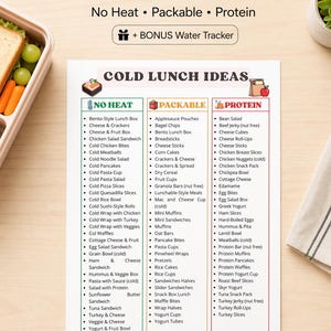 May include: A colorful graphic lists cold lunch ideas for kids, categorized as "No Heat," "Packable," and "Protein." The list includes options like sandwiches, wraps, salads, and various snacks. The image also features a lunchbox with a sandwich and grapes.
