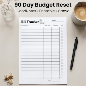 May include: A white bill tracker sheet with the text "Bill Tracker" and columns for description, due date, amount, and paid. The text "90 Day Budget Reset" is at the top. A black pen and a cup of coffee are on the right.