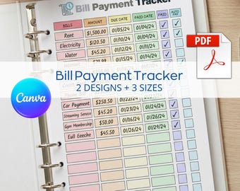 Op de afbeelding: Een witte map met een kleurrijke betalingstracker. De tracker bevat secties voor rekeningen, bedragen, vervaldatums en betaaldatums. Een blauw Canva-logo en een PDF-pictogram zijn ook zichtbaar. De tekst "Bill Payment Tracker" wordt weergegeven.