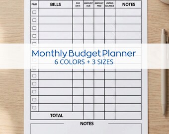 Op de afbeelding: Een witte factuurtracker en maandelijkse budgetplanner met zwarte rasterlijnen en tekst. Het document bevat secties voor facturen, vervaldatums, bedragen en notities. Tekst op het document luidt "Bill Tracker", "Monthly Budget Planner" en "6 Colors + 3 Sizes".
