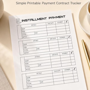 May include: A printable payment contract tracker with the text "Stay On Top of Every Payment." The document includes fields for shop, item, total, due date, and payment. A cup of coffee and a gold pen are also in the image.