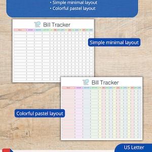 Op de afbeelding: Er worden twee ontwerpen voor factuurtrackers getoond, &eacute;&eacute;n met een eenvoudige, minimale lay-out en de andere met een kleurrijke pastel lay-out. De tekst "Bill Tracker" staat bovenaan elk ontwerp. Het PDF-bestand is direct te downloaden in US Letter, A4 en A5 formaten.