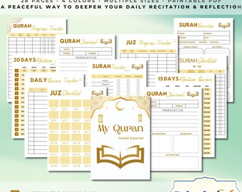 Op de afbeelding: Een verzameling afdrukbare PDF Koran trackers en journals in verschillende maten en kleuren. Het ontwerp bevat pagina's voor het volgen van de voortgang, surah overzichten en dagelijkse recitatie. De tekst bevat "Quran Tracker & Journal" en "My Quran".