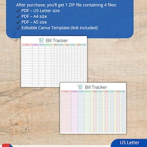 Op de afbeelding: Een digitale download met twee "Bill Tracker" sjablonen in pastelkleuren. De afbeelding toont dat de download US Letter, A4 en A5 PDF-formaten bevat, en een bewerkbare Canva-sjabloon. De tekst "Wat je ontvangt" staat bovenaan.
