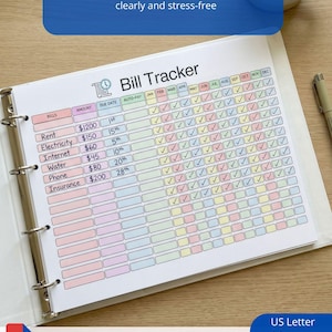 Op de afbeelding: Een witte map met een "Bill Tracker"-blad. Het blad heeft een raster voor het bijhouden van maandelijkse rekeningen, met kolommen voor elke maand en rijen voor verschillende rekeningen. De tekst "Designed to help you manage monthly bills clearly and stress-free" staat bovenaan. De rechter benedenhoek heeft opties voor US Letter, A4 en A5.