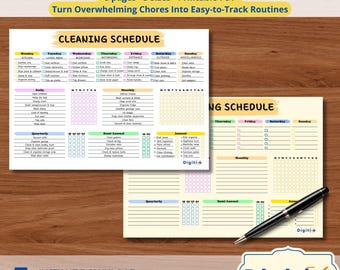 Könnte beinhalten: Ein druckbares Reinigungs-Checkliste und -Zeitplan, mit Abschnitten für tägliche, wöchentliche, monatliche, vierteljährliche und jährliche Aufgaben. Das Design umfasst farbige Überschriften und einen Stift.