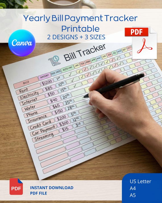 Editable Yearly Bill Payment Tracker Printable, Monthly Bills PDF, Canva Template
