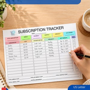 May include: A printed subscription tracker sheet with columns for subscription name, cost, payment method, frequency, and next renewal date. The header reads SUBSCRIPTION TRACKER with a clock icon. The form includes rows for Netflix, Spotify, Internet, Disney+, Amazon Prime, and Canva Pro, with blank spaces for totals and notes.