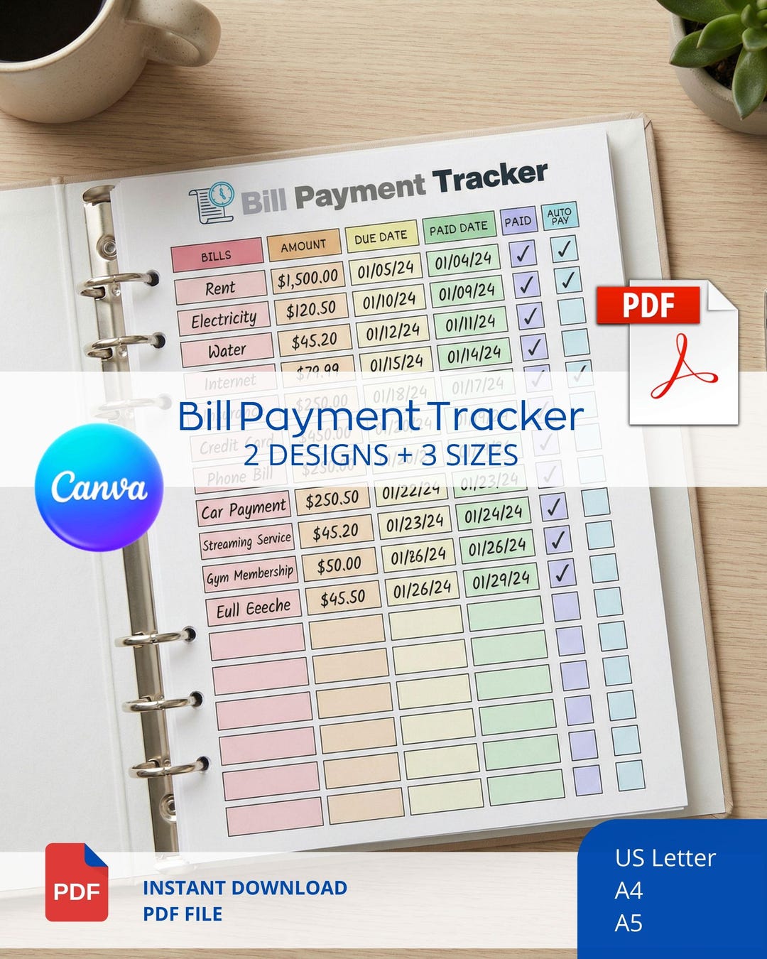 Editable Bill Payment Tracker Printable Monthly Expense Log A4 A5 ...