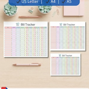 Op de afbeelding: Een digitale download met drie "Bill Tracker" PDF-afdrukken in US Letter-, A4- en A5-formaten. De printbare bevat een kleurrijke maandelijkse factuurtracker met kolommen voor facturen, bedragen, vervaldatums en automatische betalingsinformatie. De afbeelding bevat ook een pen, paperclips en vetplanten.